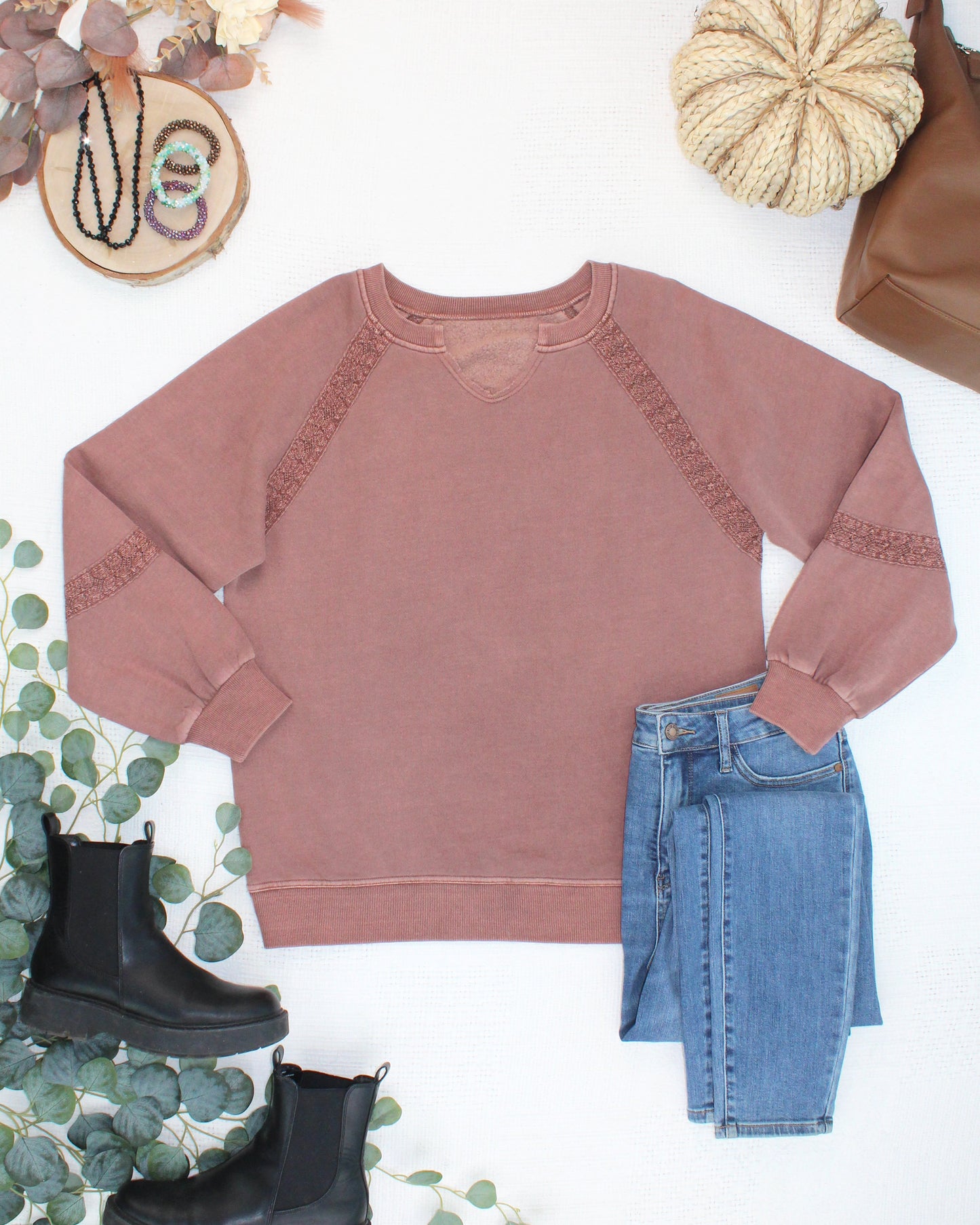 Lace Accent Vintage Wash Pullover - Brown