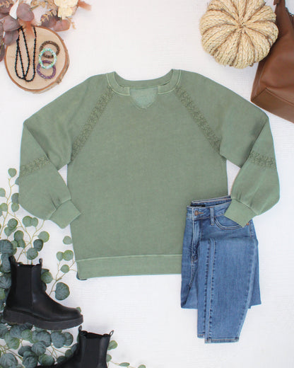 Lace Accent Vintage Wash Pullover - Olive