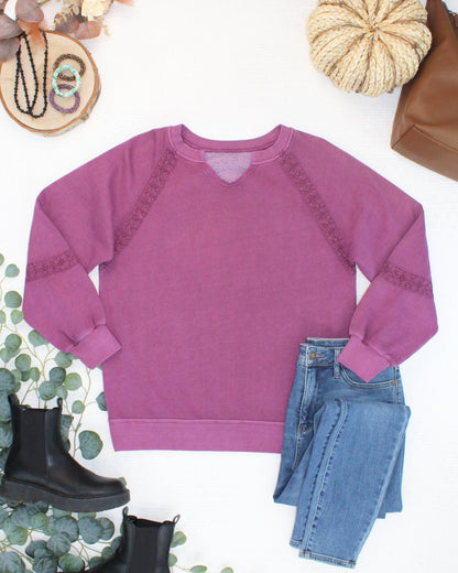 Lace Accent Vintage Wash Pullover - Purple
