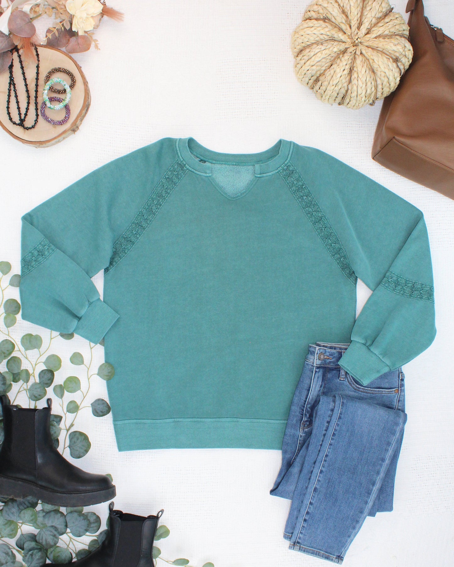 Lace Accent Vintage Wash Pullover - Teal
