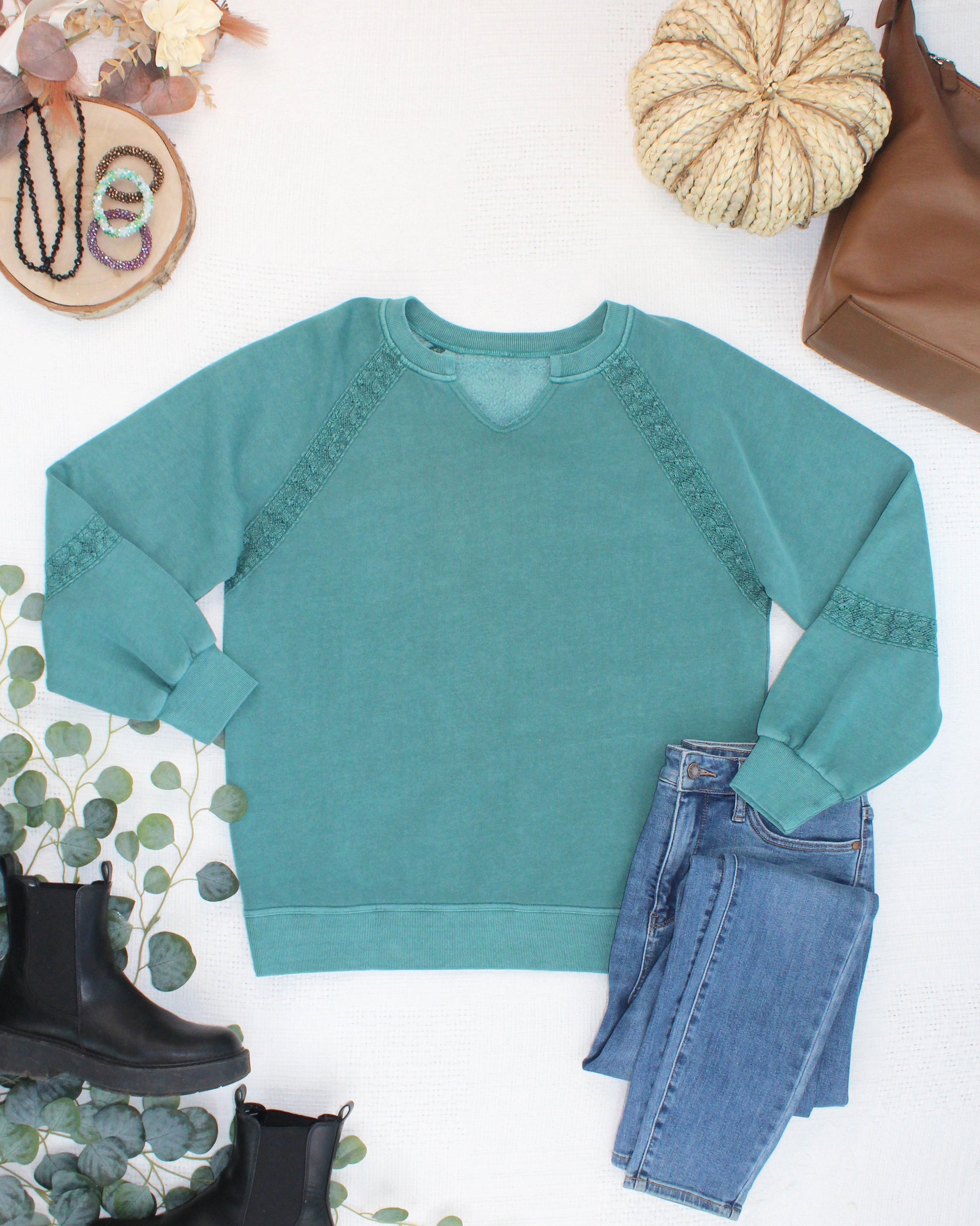 Lace Accent Vintage Wash Pullover - Teal