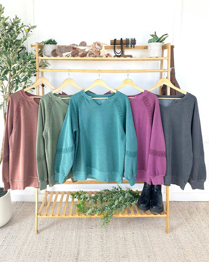Lace Accent Vintage Wash Pullover - Teal