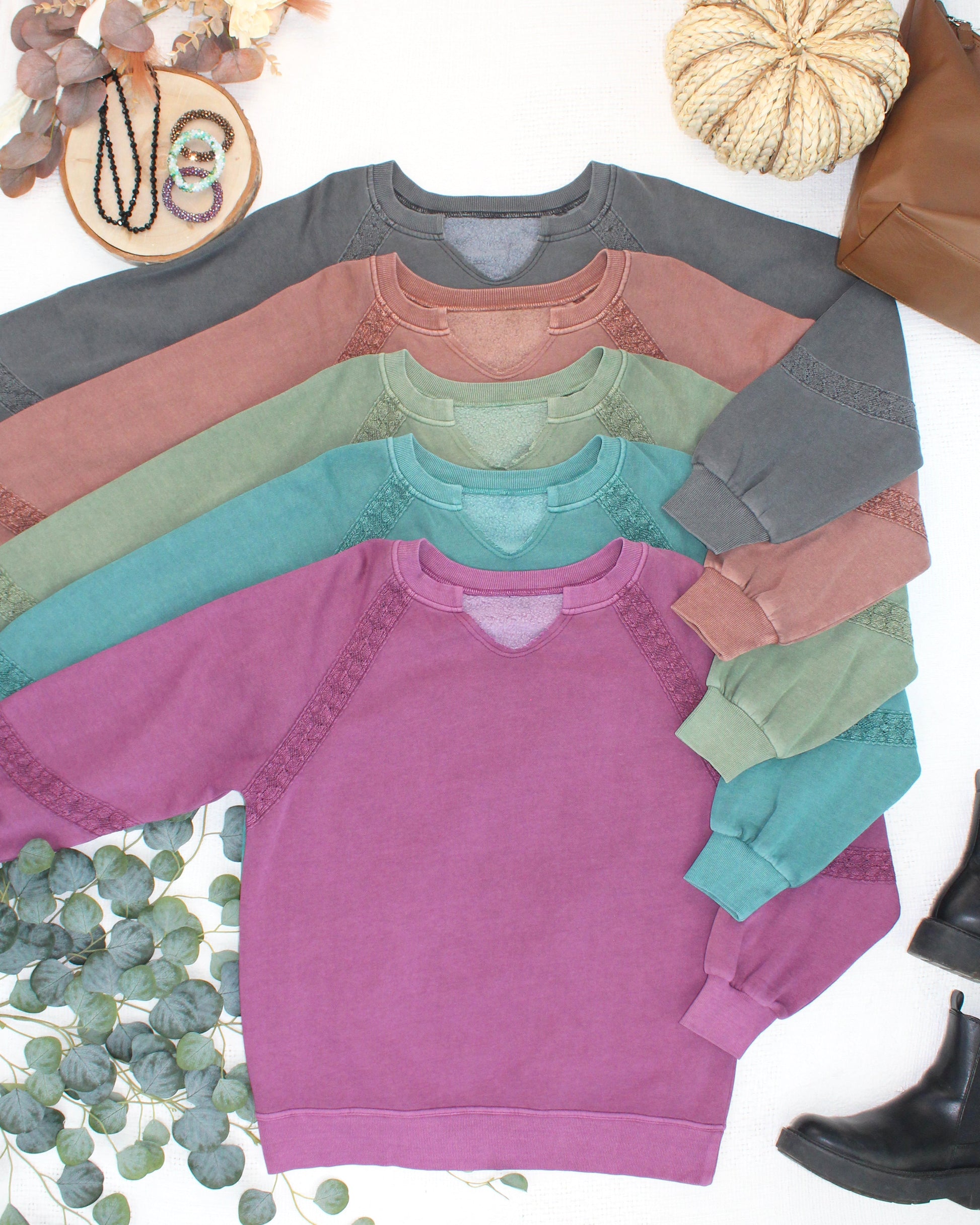 Lace Accent Vintage Wash Pullover - Olive