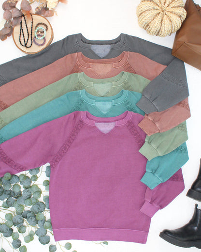 Lace Accent Vintage Wash Pullover - Purple
