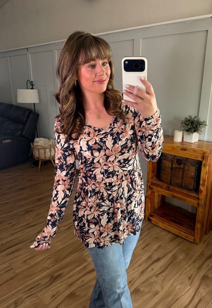 Long Sleeve Sarah Ruffle Top - Navy Autumn Petals
