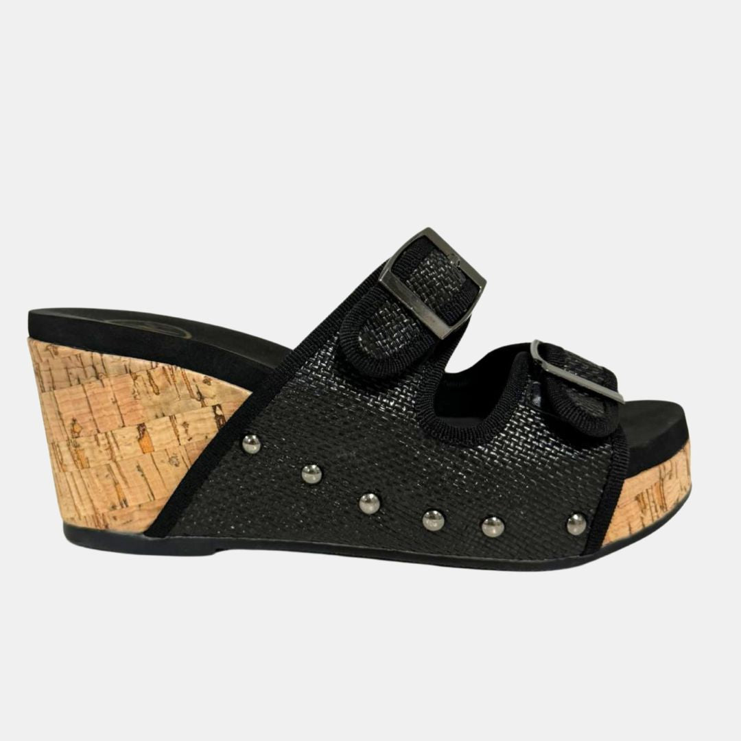 Cade Raffia Wedge Sandal – Double Buckle, Cork Heel, 3 Colors