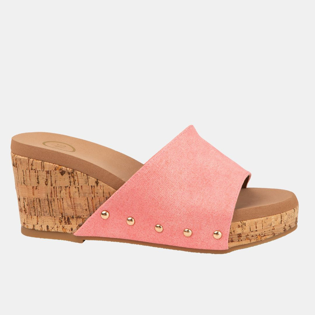 Blair Slide Wedge – Colorful Denim Crisscross Sandal with Cork Heel