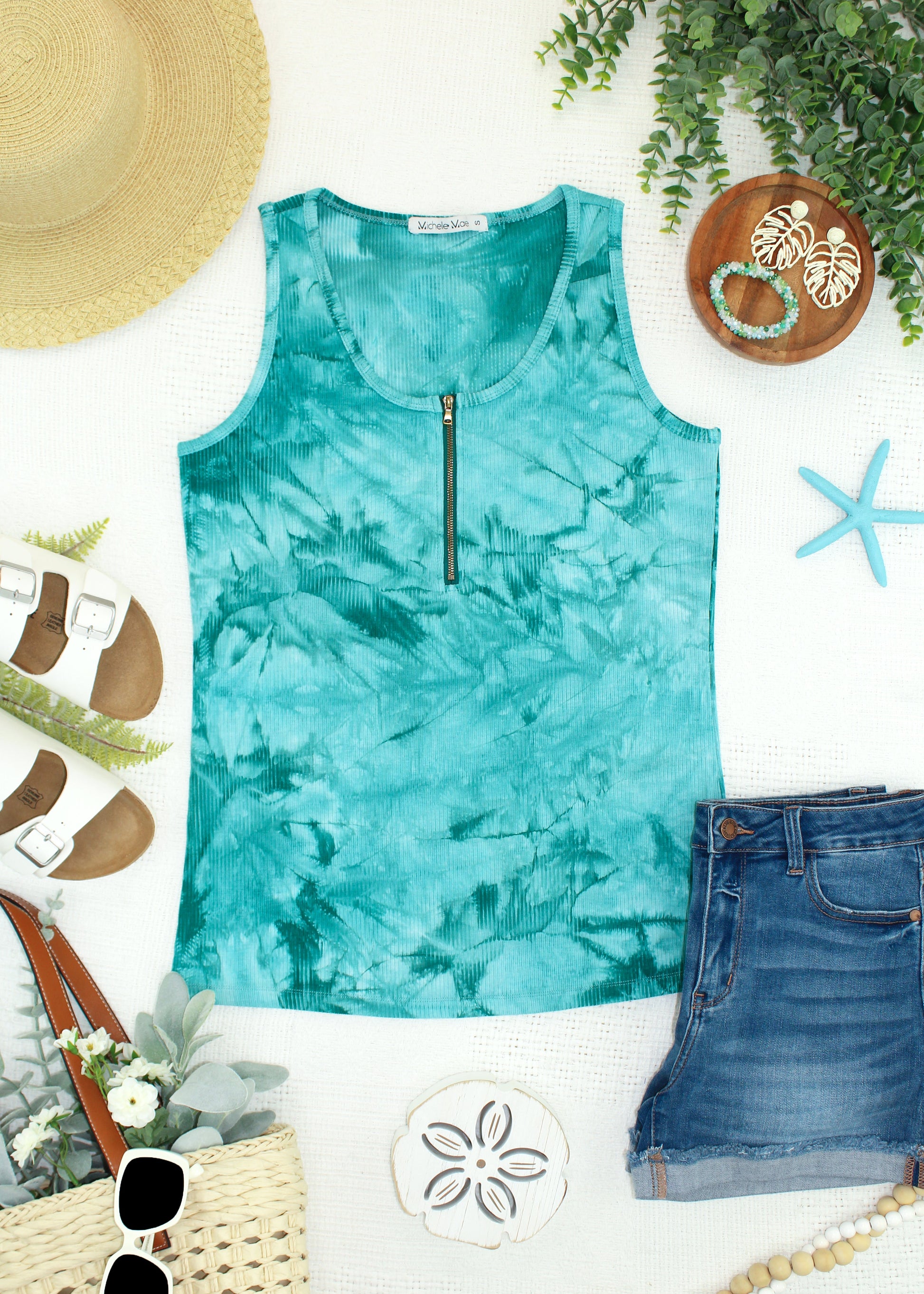 Mila Zipper Tank - Teal Tie Dye