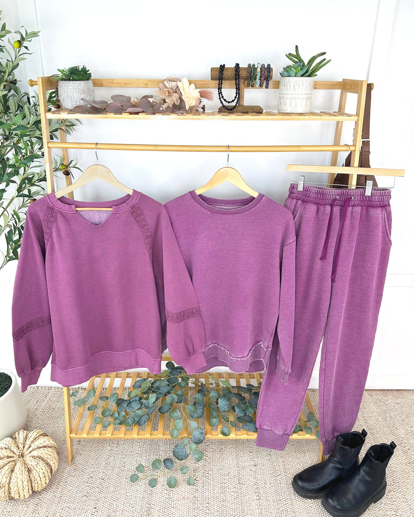 Lace Accent Vintage Wash Pullover - Purple