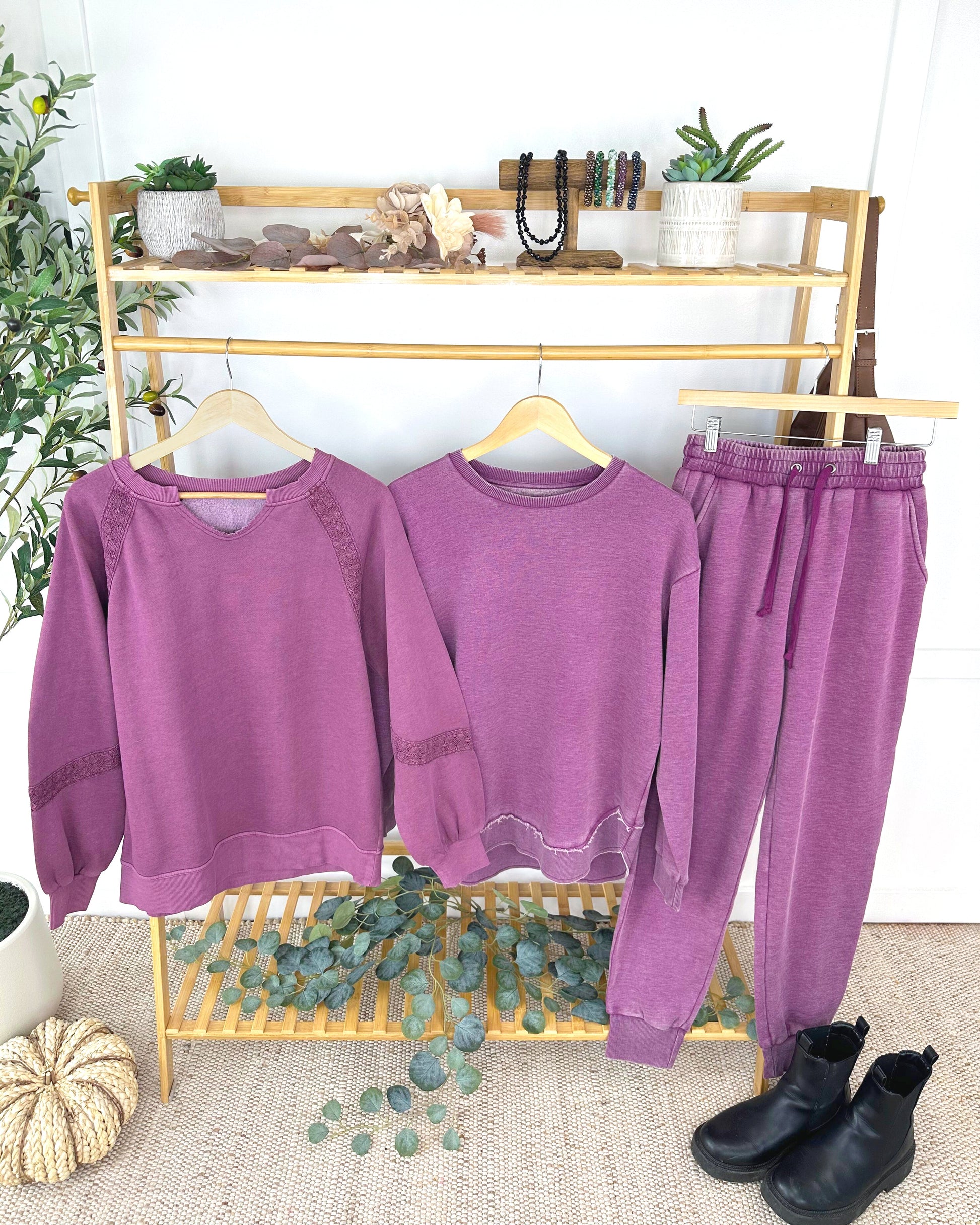 Lace Accent Vintage Wash Pullover - Purple