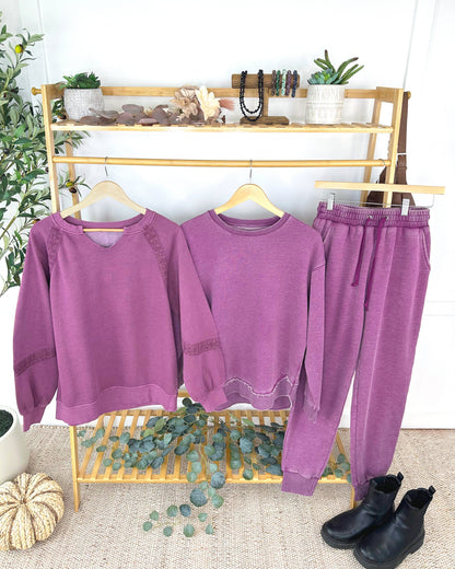 Lace Accent Vintage Wash Pullover - Purple
