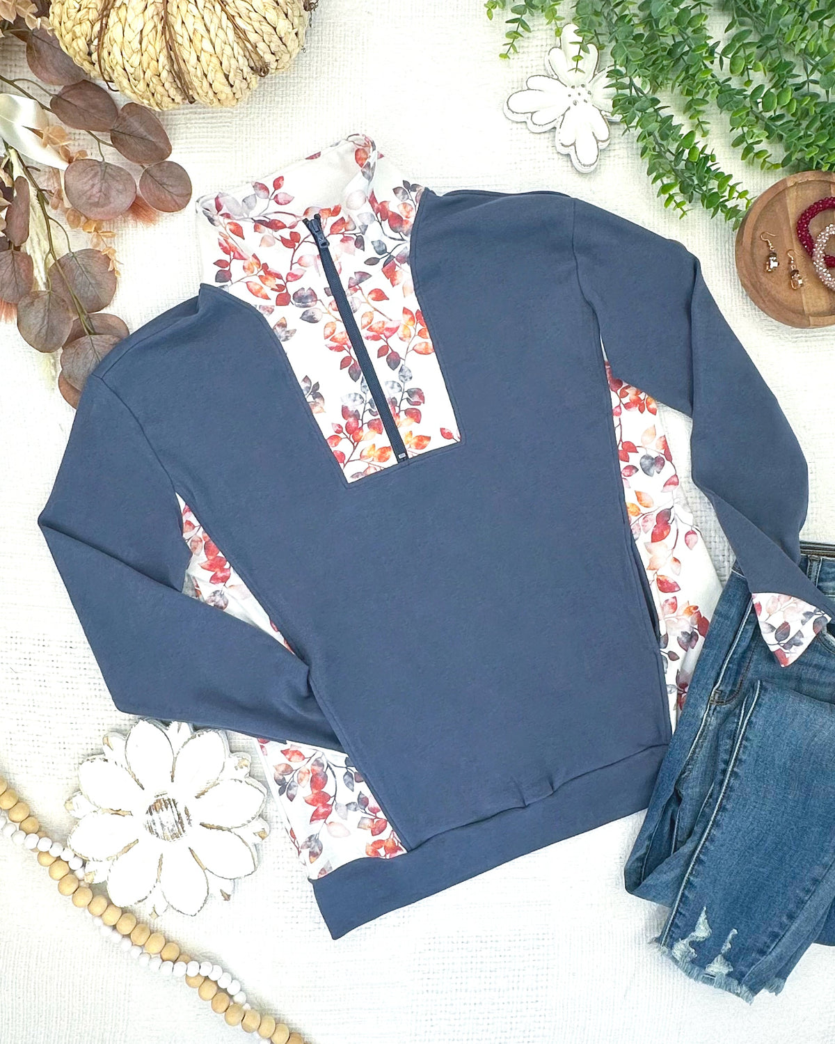 Rowan Zip Pullover - Slate Blue and Autumn Watercolor