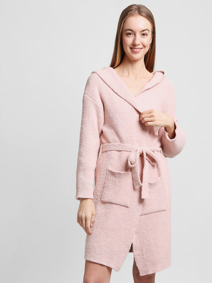 Solid Color Soft Hooded Robe W Pocket