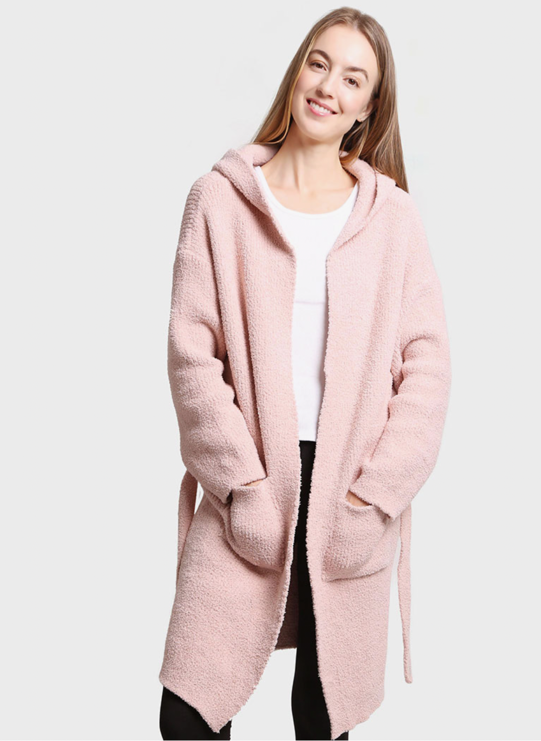 Solid Color Soft Hooded Robe W Pocket