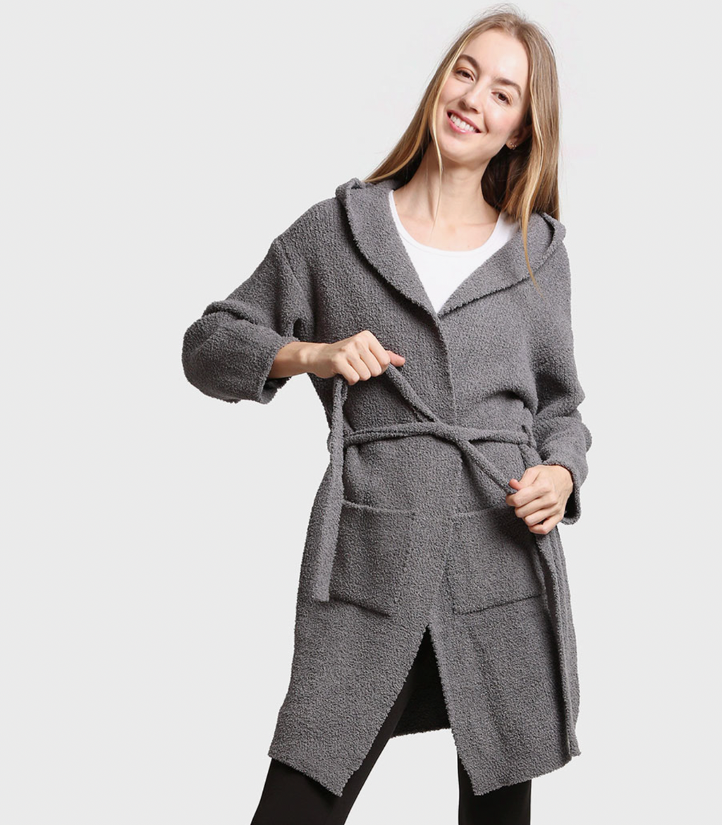 Solid Color Soft Hooded Robe W Pocket