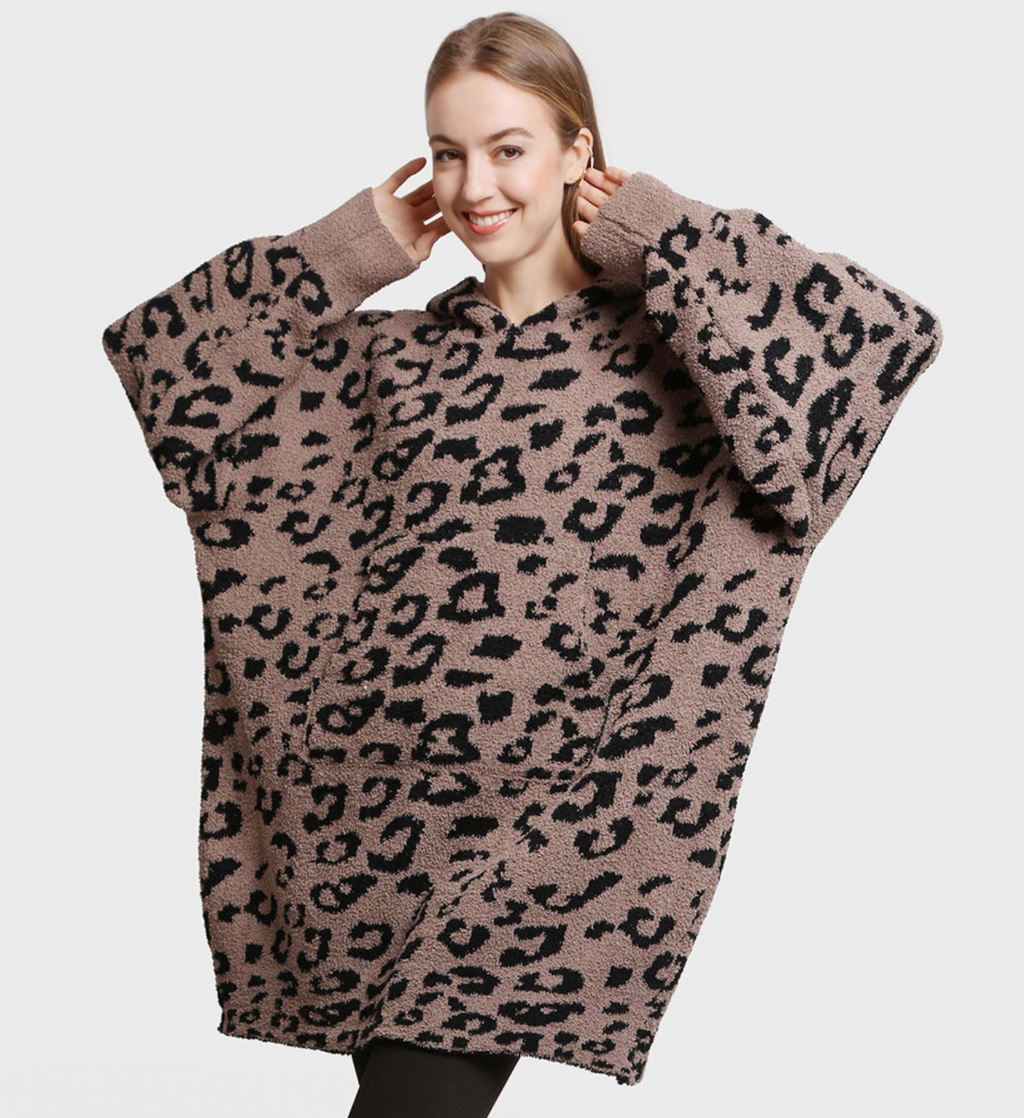 Leopard Print Soft Hooded Blanket W Pocket
