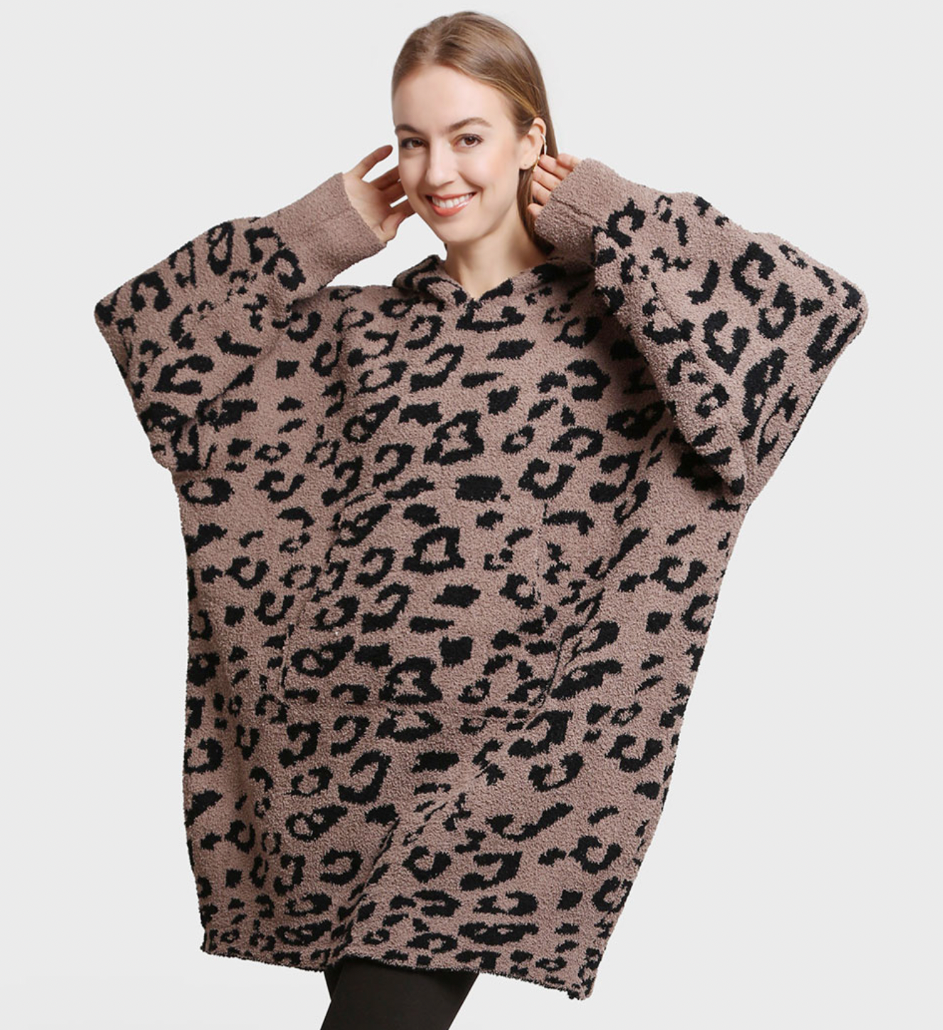 Leopard Print Soft Hooded Blanket W Pocket