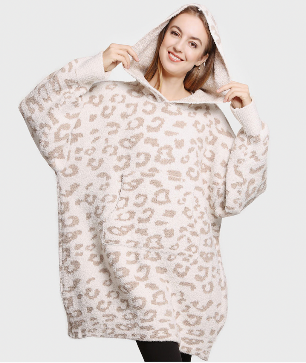 Leopard Print Soft Hooded Blanket W Pocket