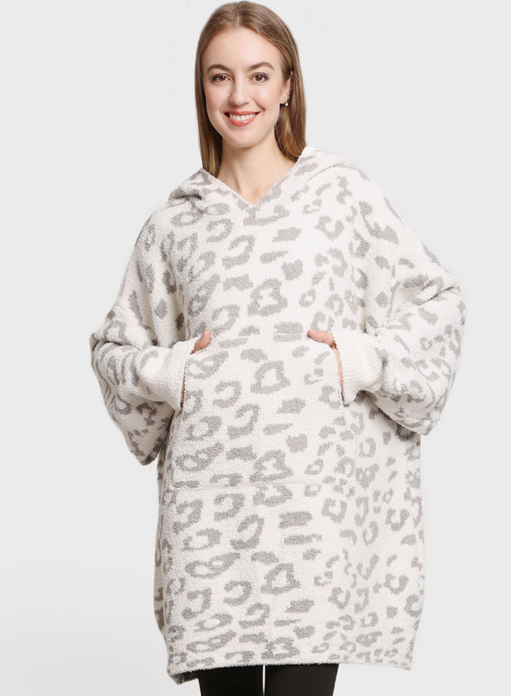 Leopard Print Soft Hooded Blanket W Pocket