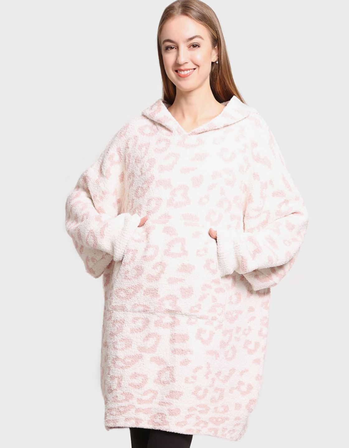 Leopard Print Soft Hooded Blanket W Pocket