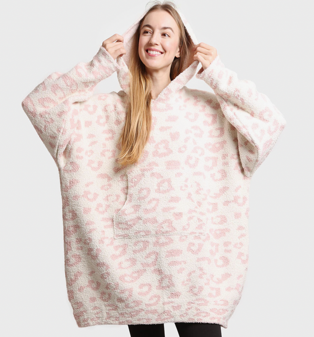 Leopard Print Soft Hooded Blanket W Pocket