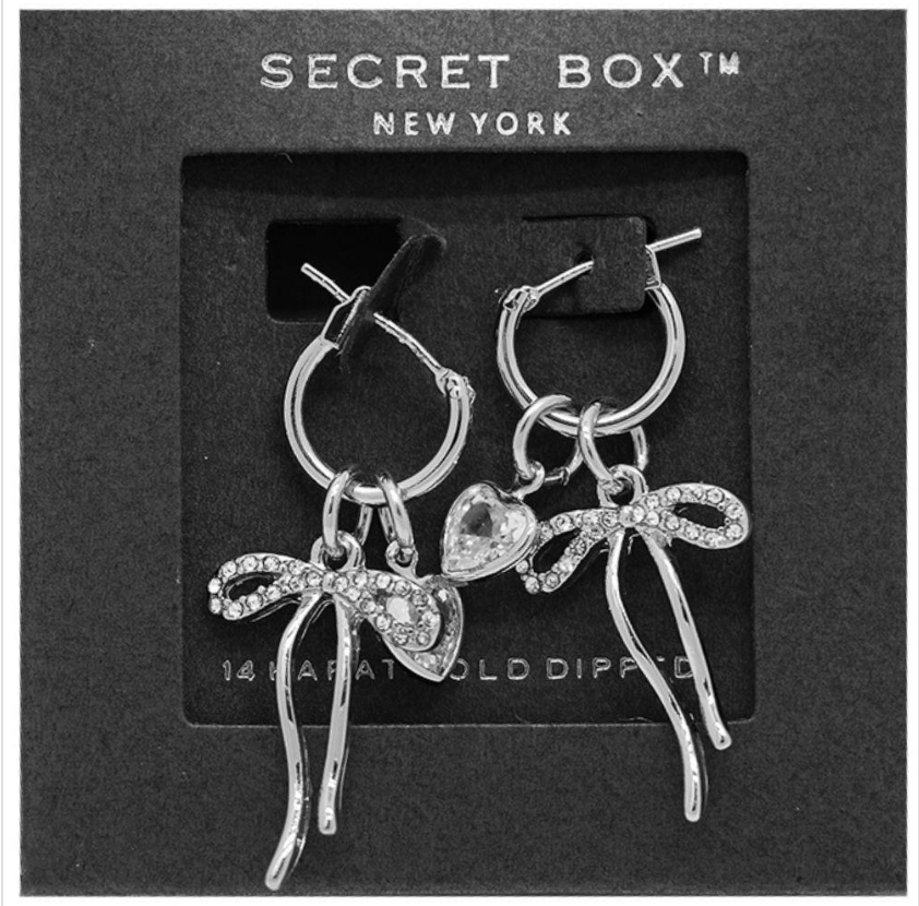 Secretbox Bow Heart Charm Earrings