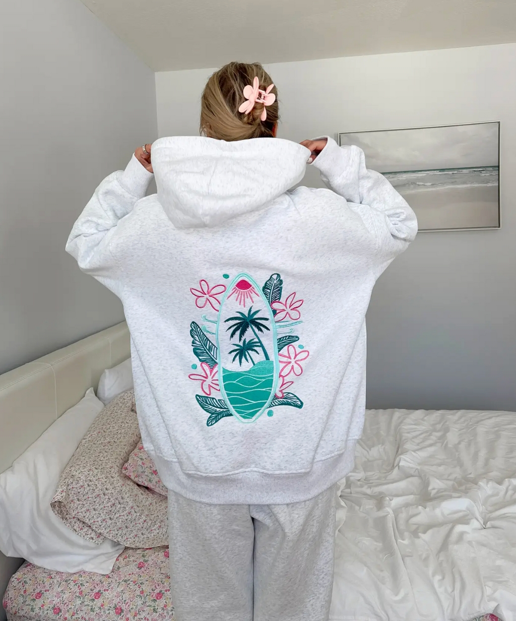 PREORDER: Pearl Grey Surfing the Waves Embroider Hoodie