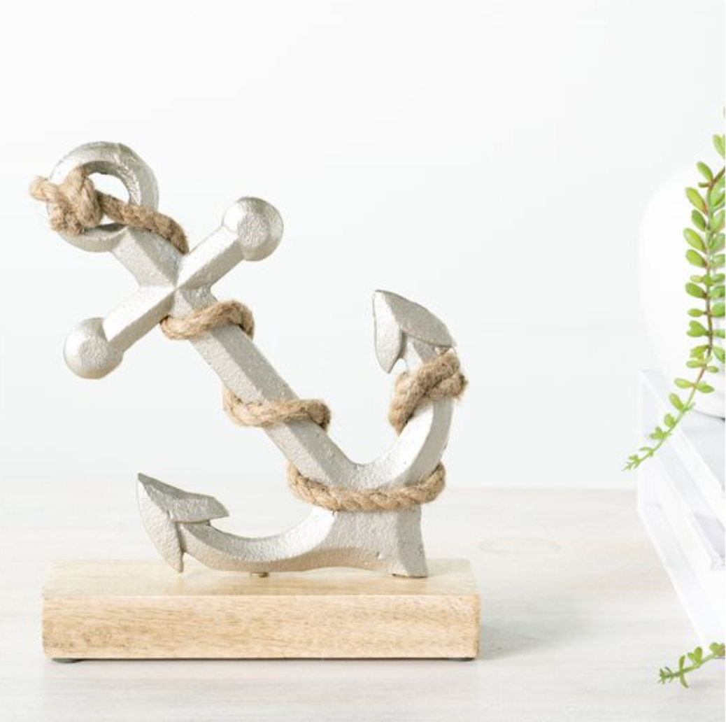 Silver Anchor on Wood Base