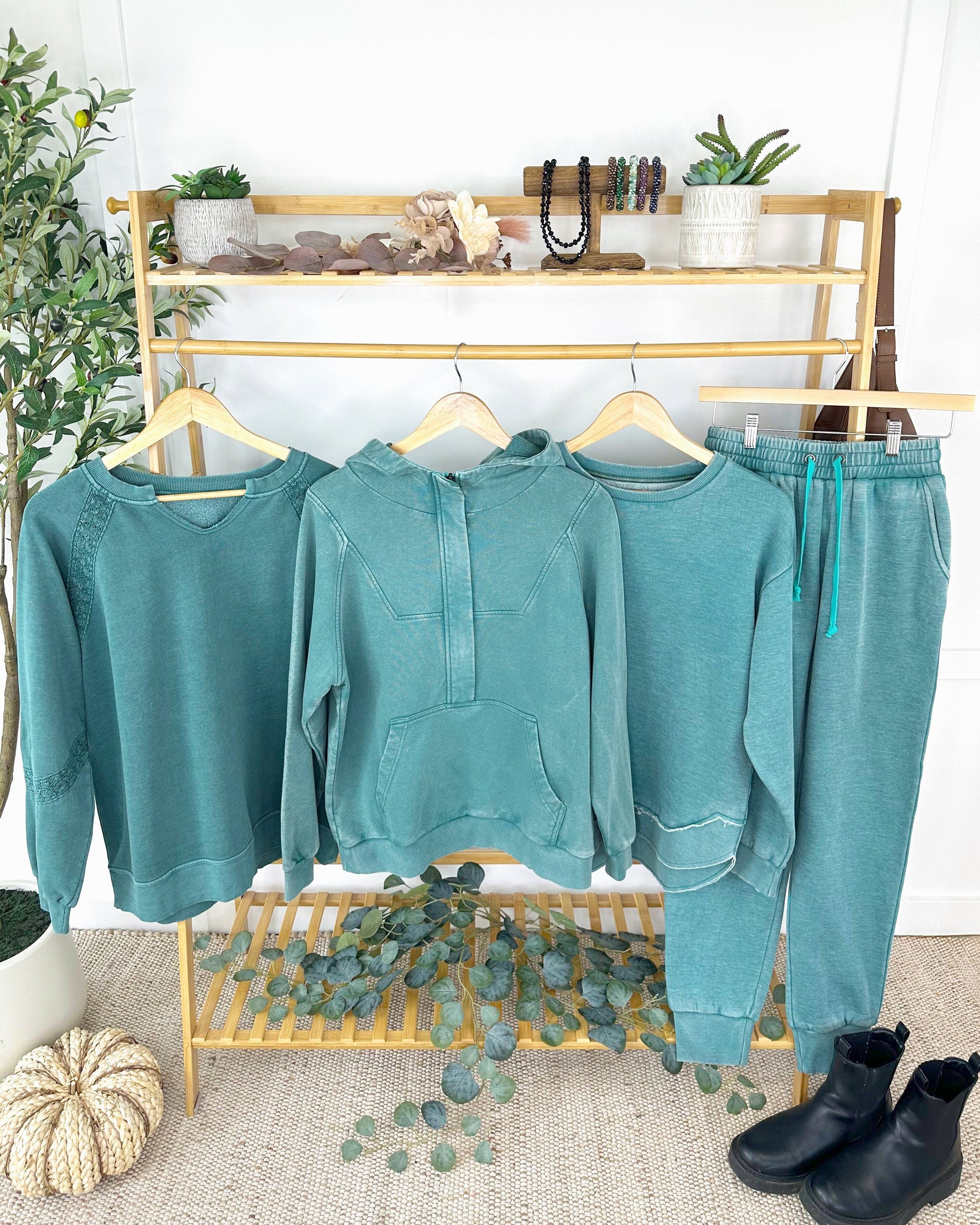 Lace Accent Vintage Wash Pullover - Teal