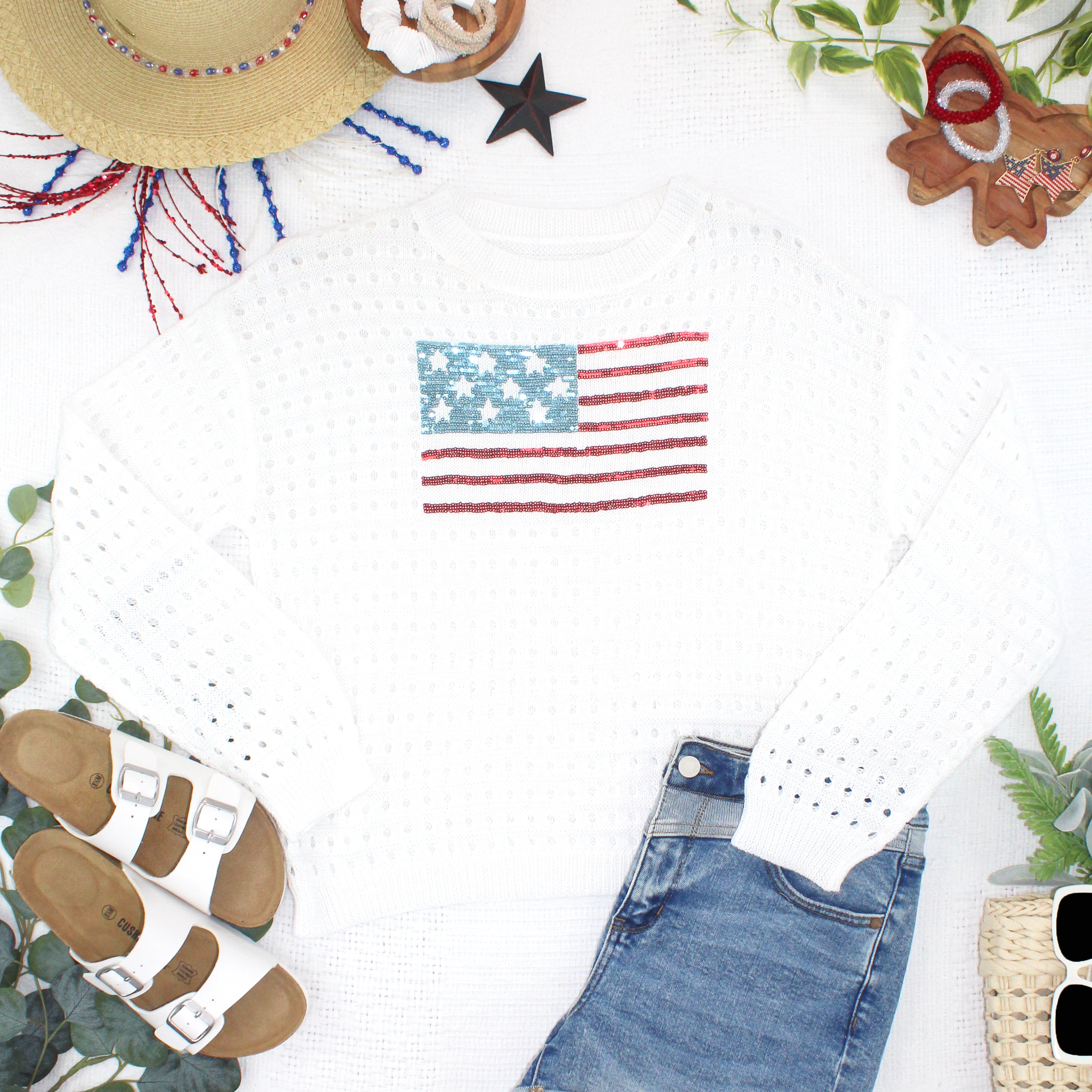 USA Sequin Flag Open Knit Pullover