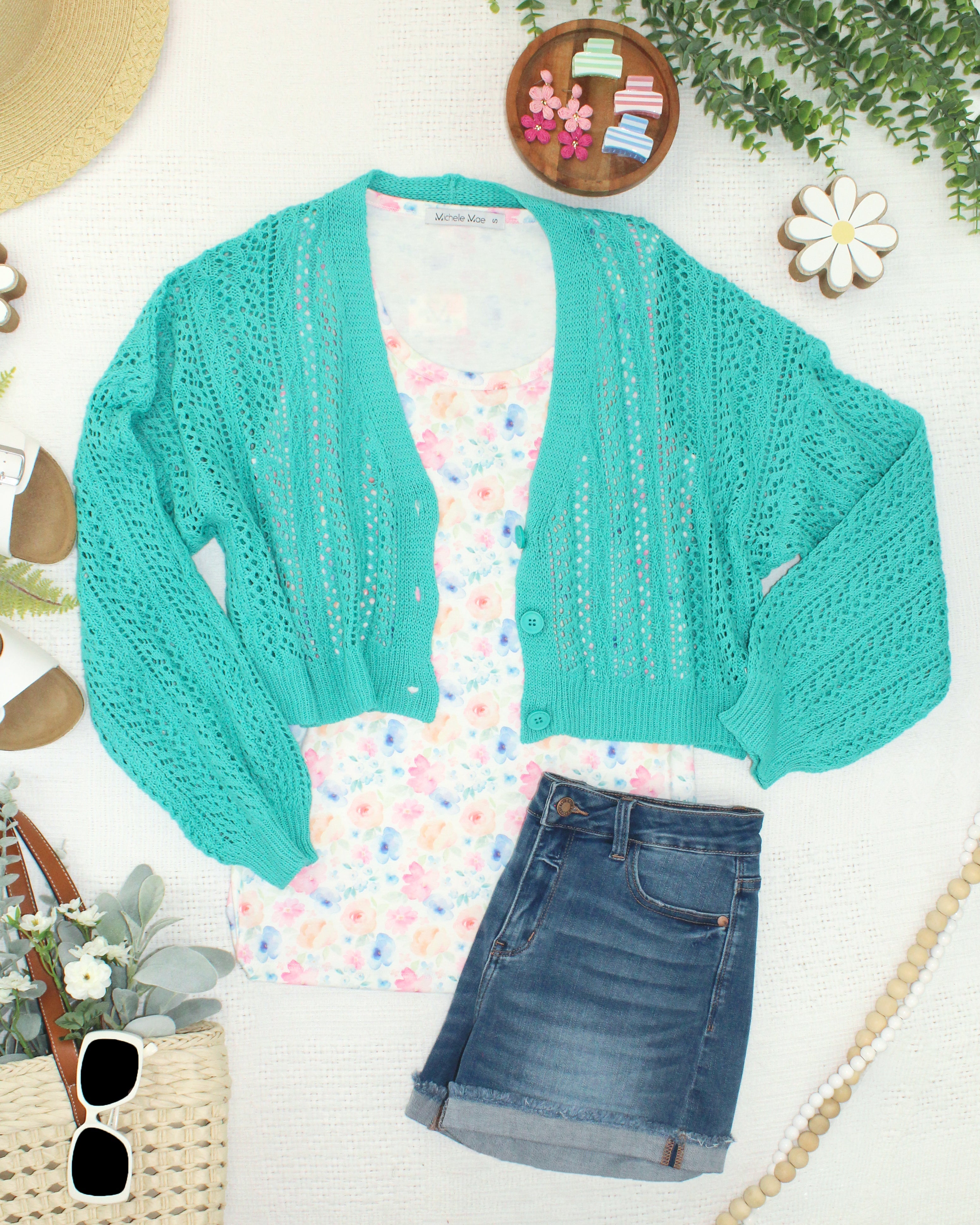 Callie Cropped Cardigan - Aqua