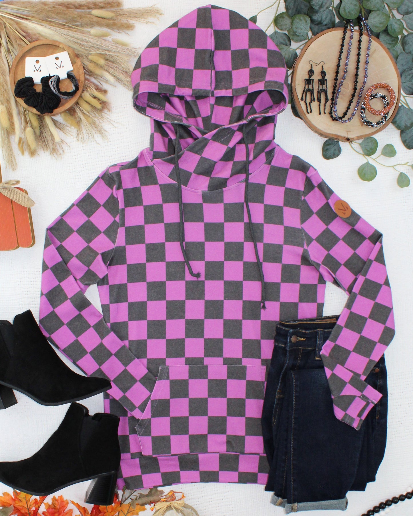 Ashley Hoodie - Black and Purple Checkers