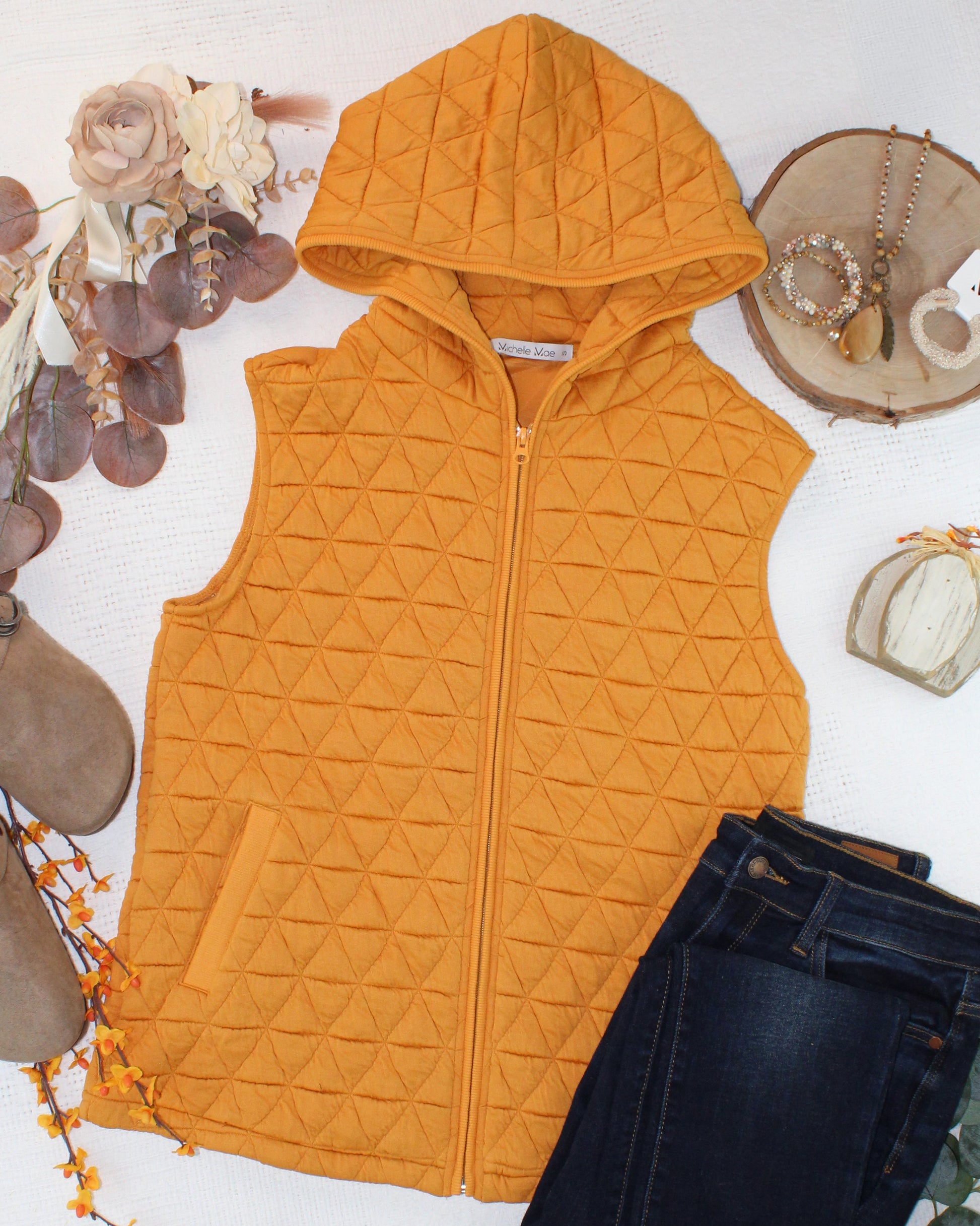 Heather Geometric Hooded Vest - Mustard