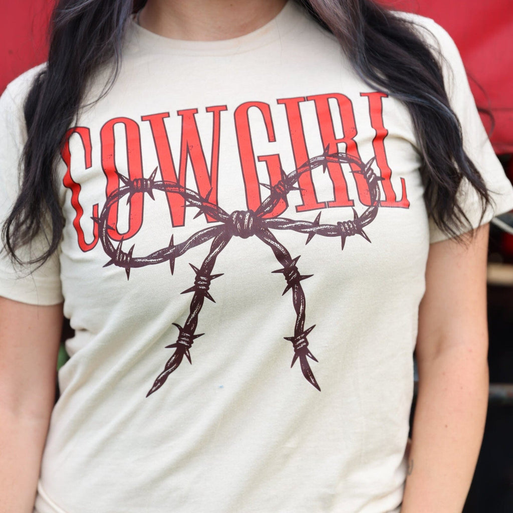 FestiviTees Women - Apparel - Shirts - T-Shirts Cowgirl Barbed Wire Bow Western Tee Soft Graphic Tee