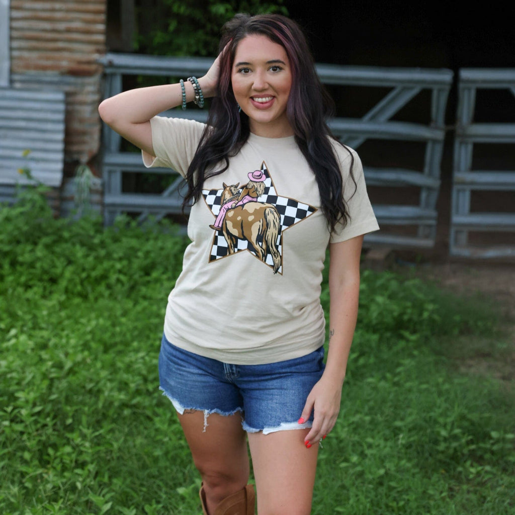 FestiviTees Women - Apparel - Shirts - T-Shirts Cowgirl Checkerboard Star Soft Graphic Tee