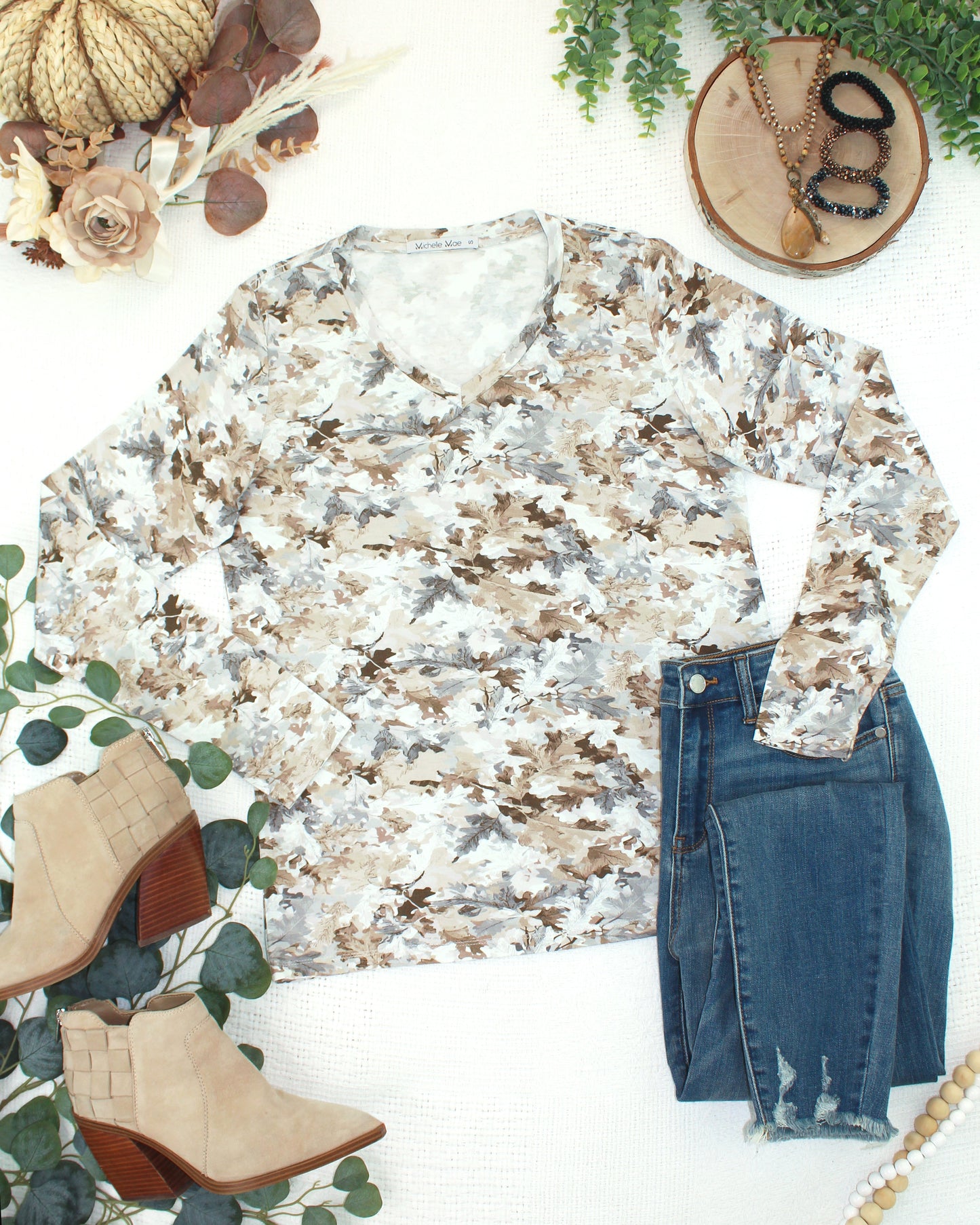 Larissa Long Sleeve - Neutral Leaves