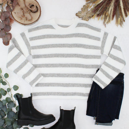Cozy Stripe Sweater - Grey and White