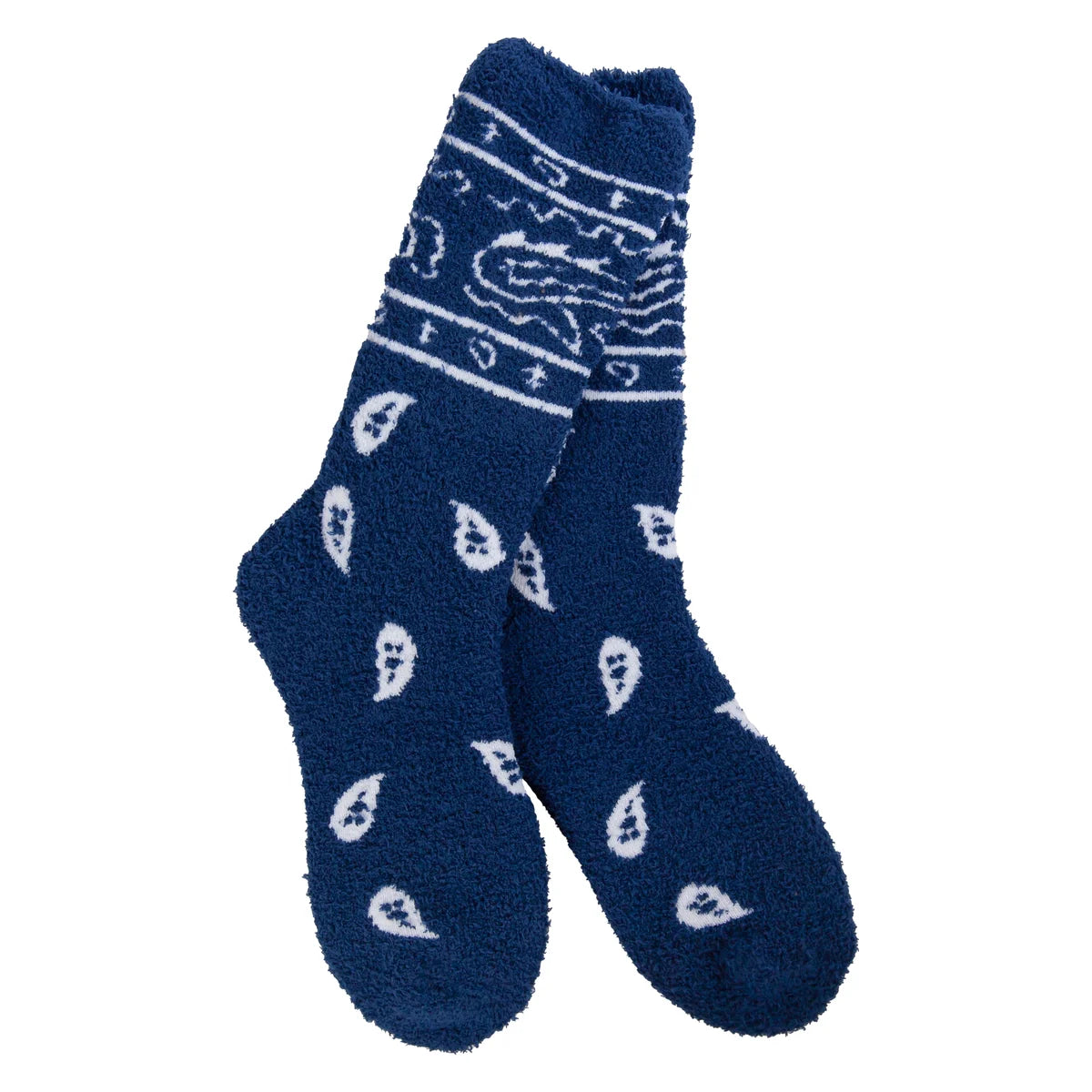 Blue and white bandana-pattern plush crew socks