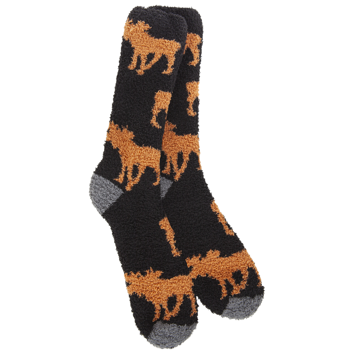 Men's Moose crew socks SKU 76452 in black with orange moose