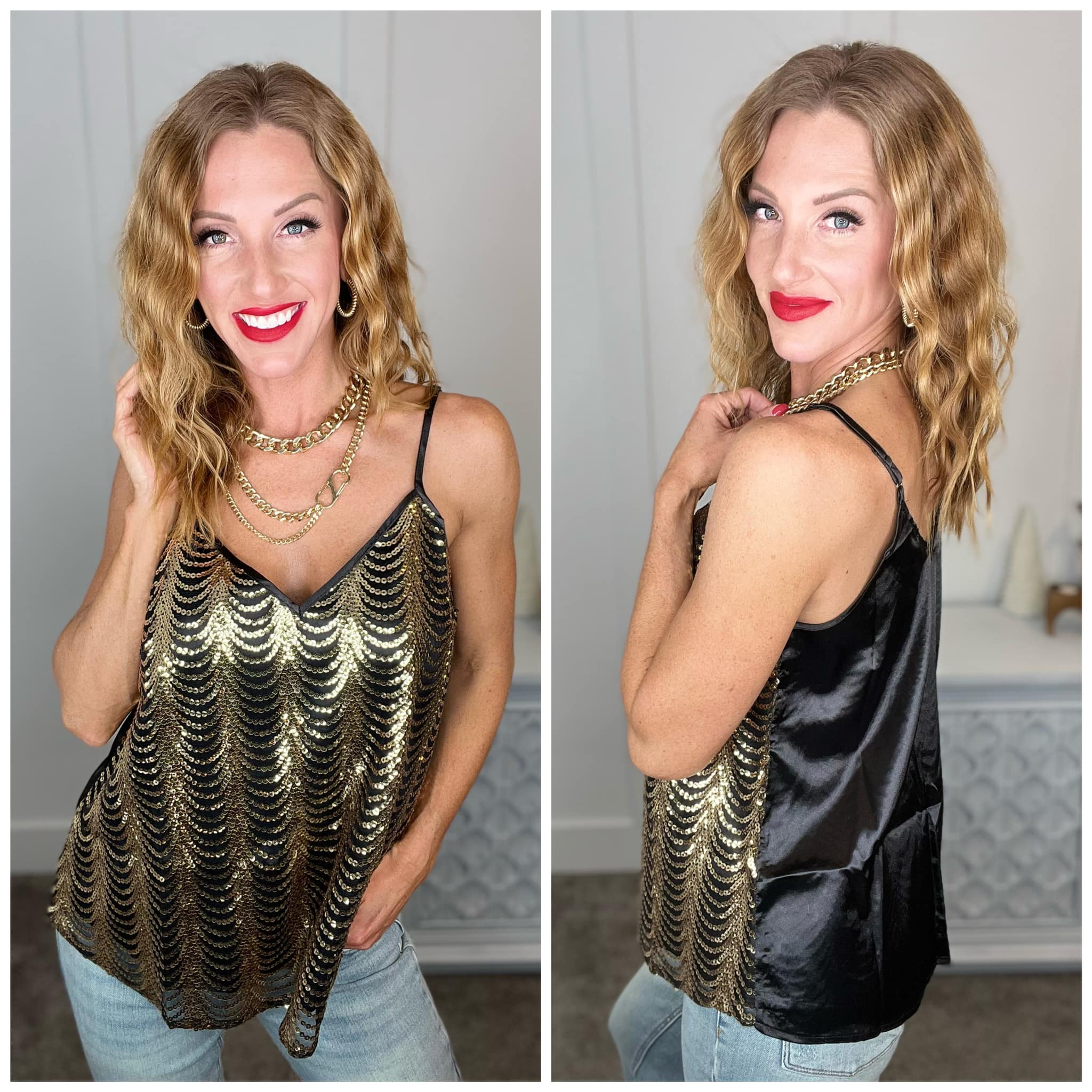 Stayin' Alive V-Neck Sequin Tank in Gold